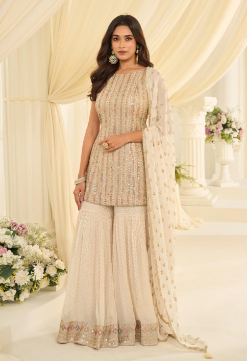 Cream Embroidered Georgette Designer Sarara Kameez