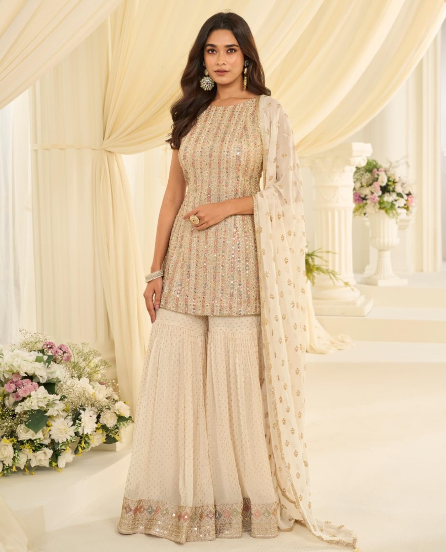 WHITE - Cream Embroidered Georgette Designer Sarara Kameez