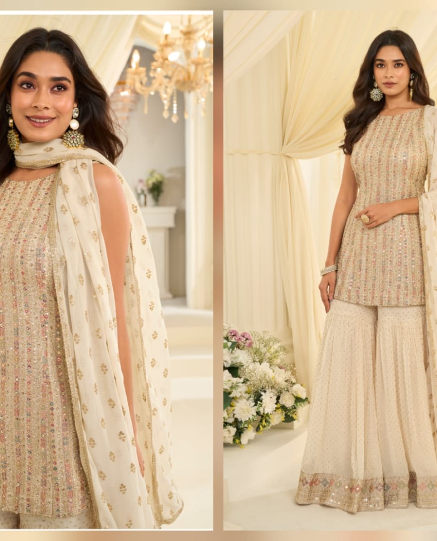 WHITE - Cream Embroidered Georgette Designer Sarara Kameez