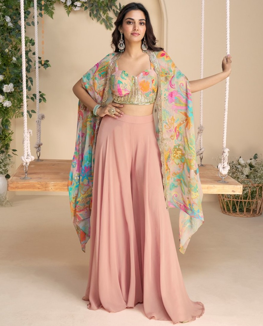 Pink Golden Multicolor Sharara Set with Embroidered Blouse & Printed Shrug