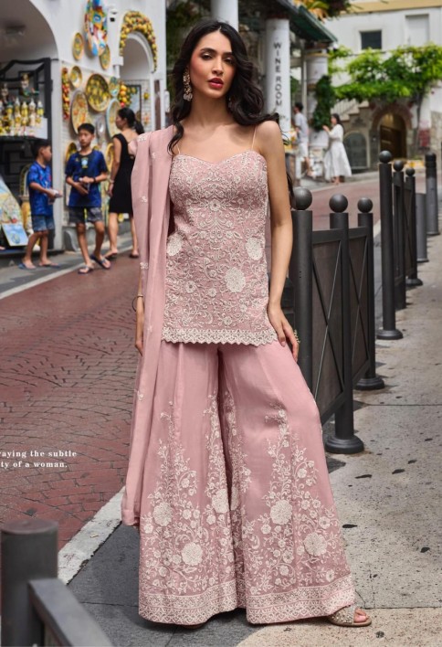 Pink Silk Beads and Embroidered Work Palazzo Salwar Suit for Women