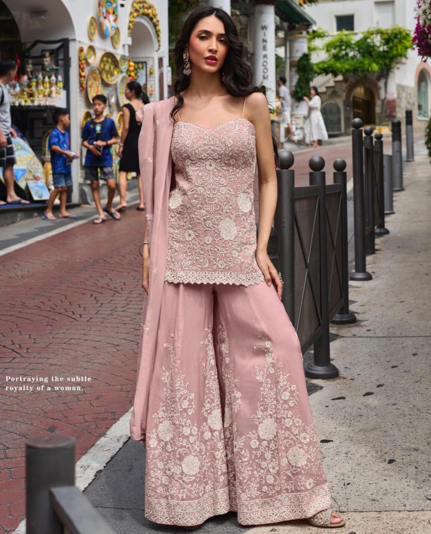 PINK - Pink Silk Beads and Embroidered Work Palazzo Salwar Suit for Women