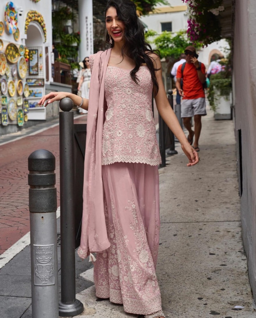 PINK - Pink Silk Beads and Embroidered Work Palazzo Salwar Suit for Women