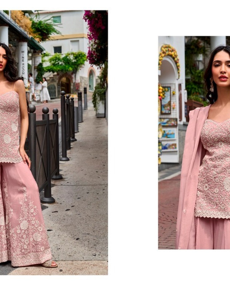 PINK - Pink Silk Beads and Embroidered Work Palazzo Salwar Suit for Women