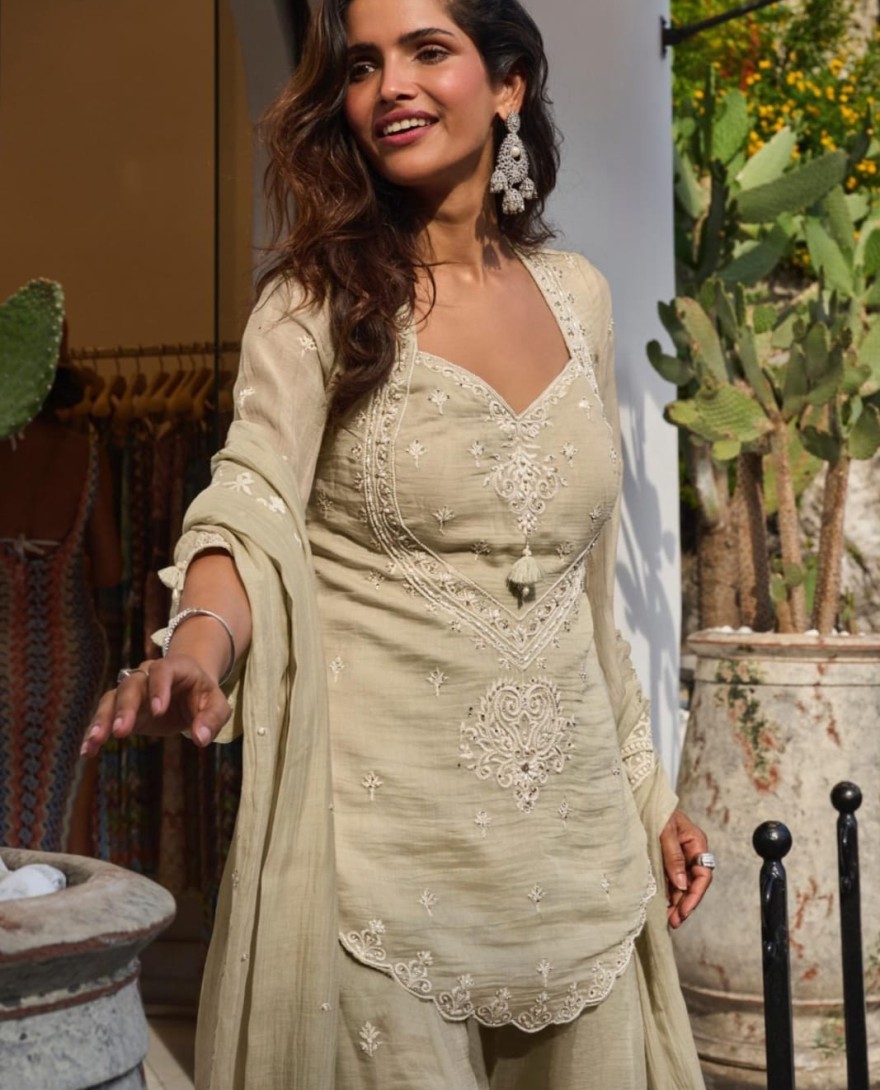 CREAM - Cream Silk Beads and Embroidered Work Salwar Suit