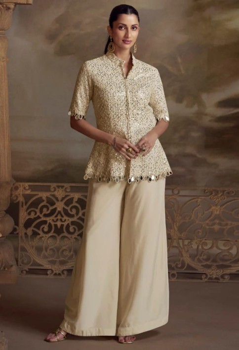 Designer Cream Viscose Palazzo Suit for Indian Wedding and Pakistani Festival