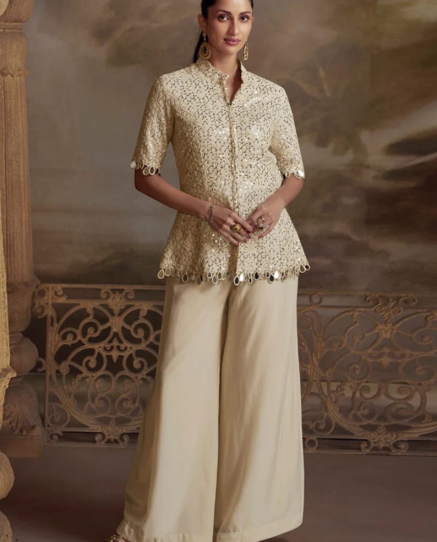 5821 - Designer Cream Viscose Palazzo Suit for Indian Wedding and Pakistani Festival