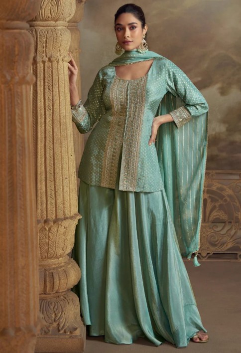 Sea Green Viscose Sharara Suit with Dupatta for Indian Wedding and Pakistani Festival