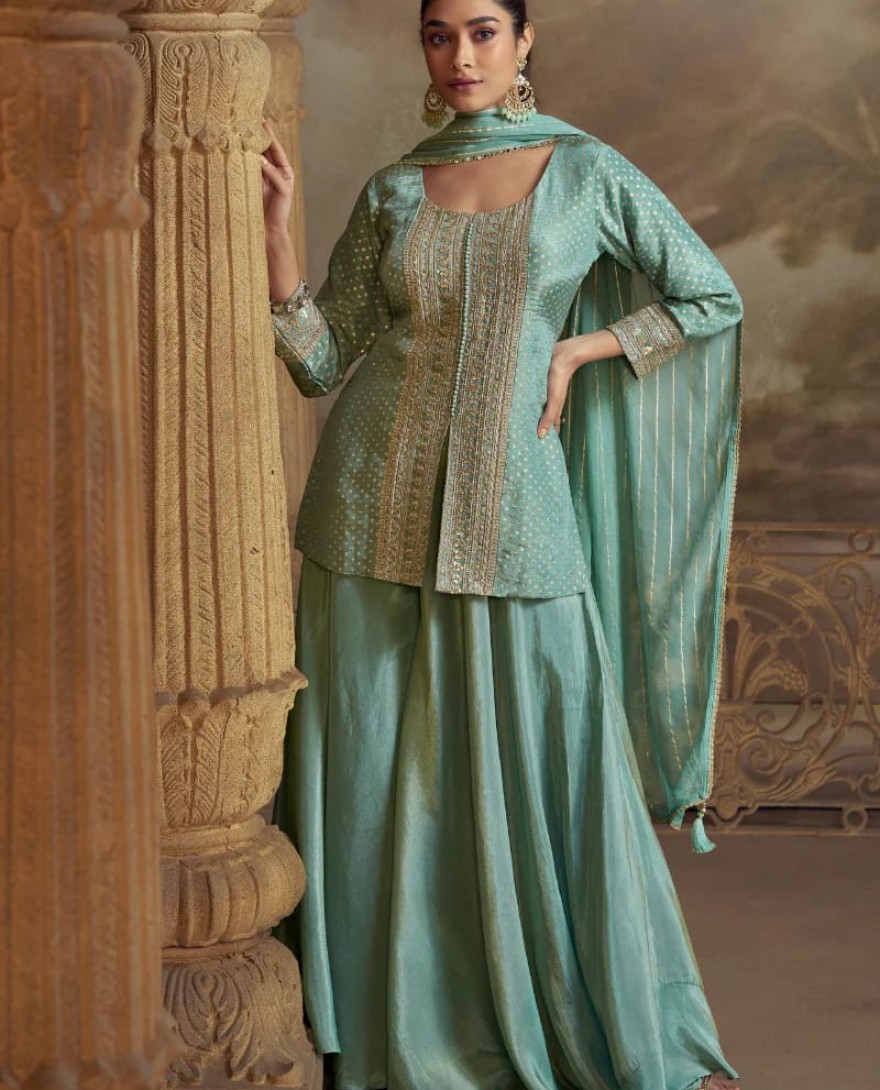 5822 - Sea Green Viscose Sharara Suit with Dupatta for Indian Wedding and Pakistani Festival