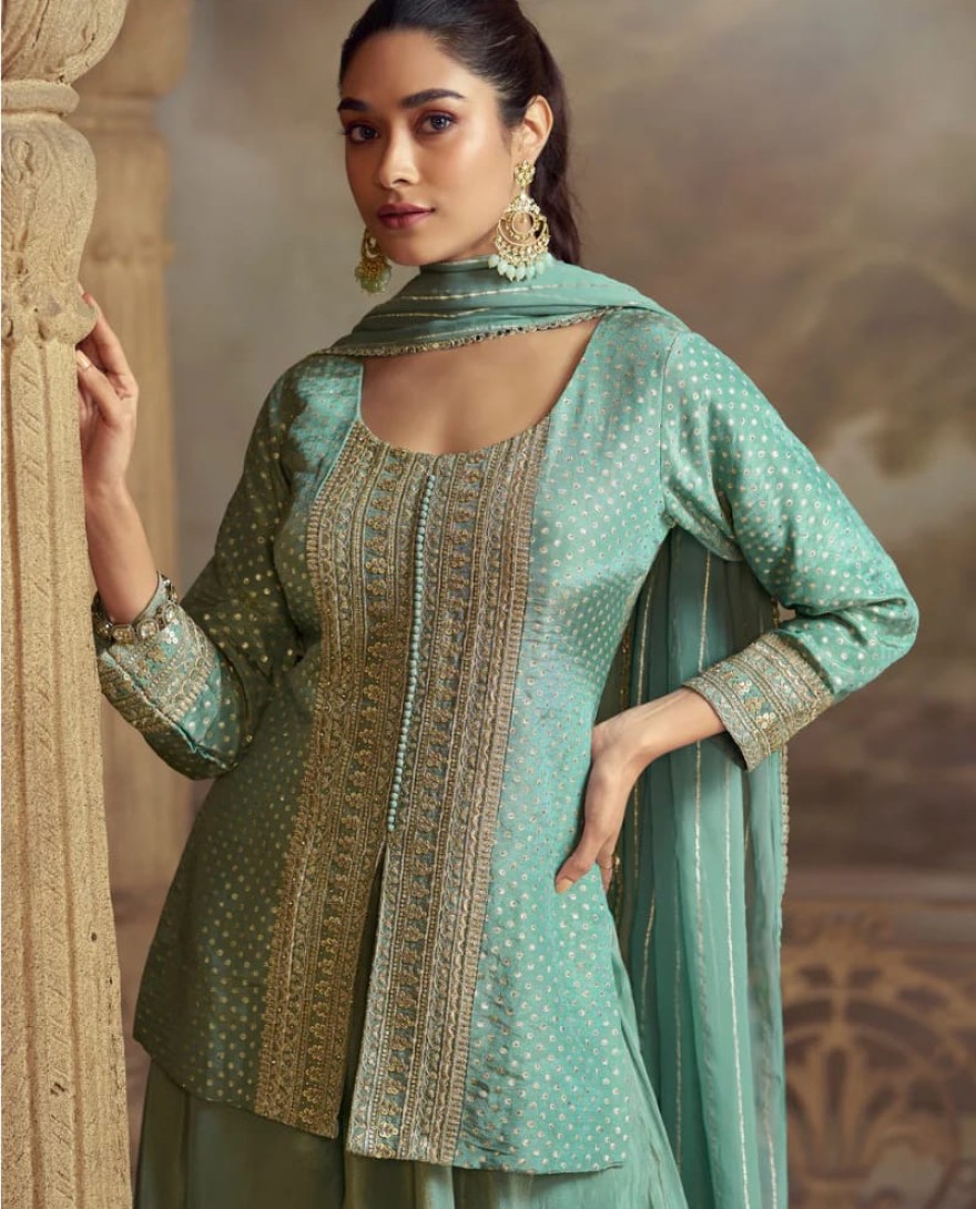 5822 - Sea Green Viscose Sharara Suit with Dupatta for Indian Wedding and Pakistani Festival