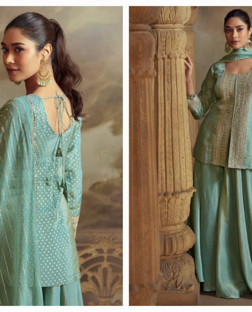 5822 - Sea Green Viscose Sharara Suit with Dupatta for Indian Wedding and Pakistani Festival