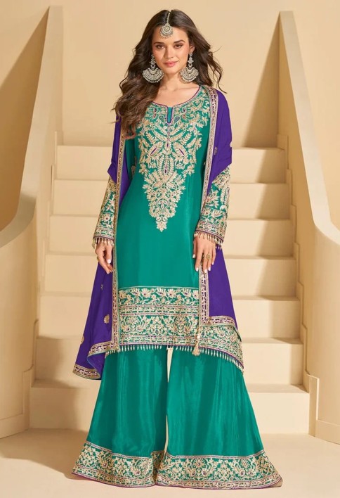 Bottle Green Chinon Sharara Suit with Purple Dupatta For Pakistani Wedding