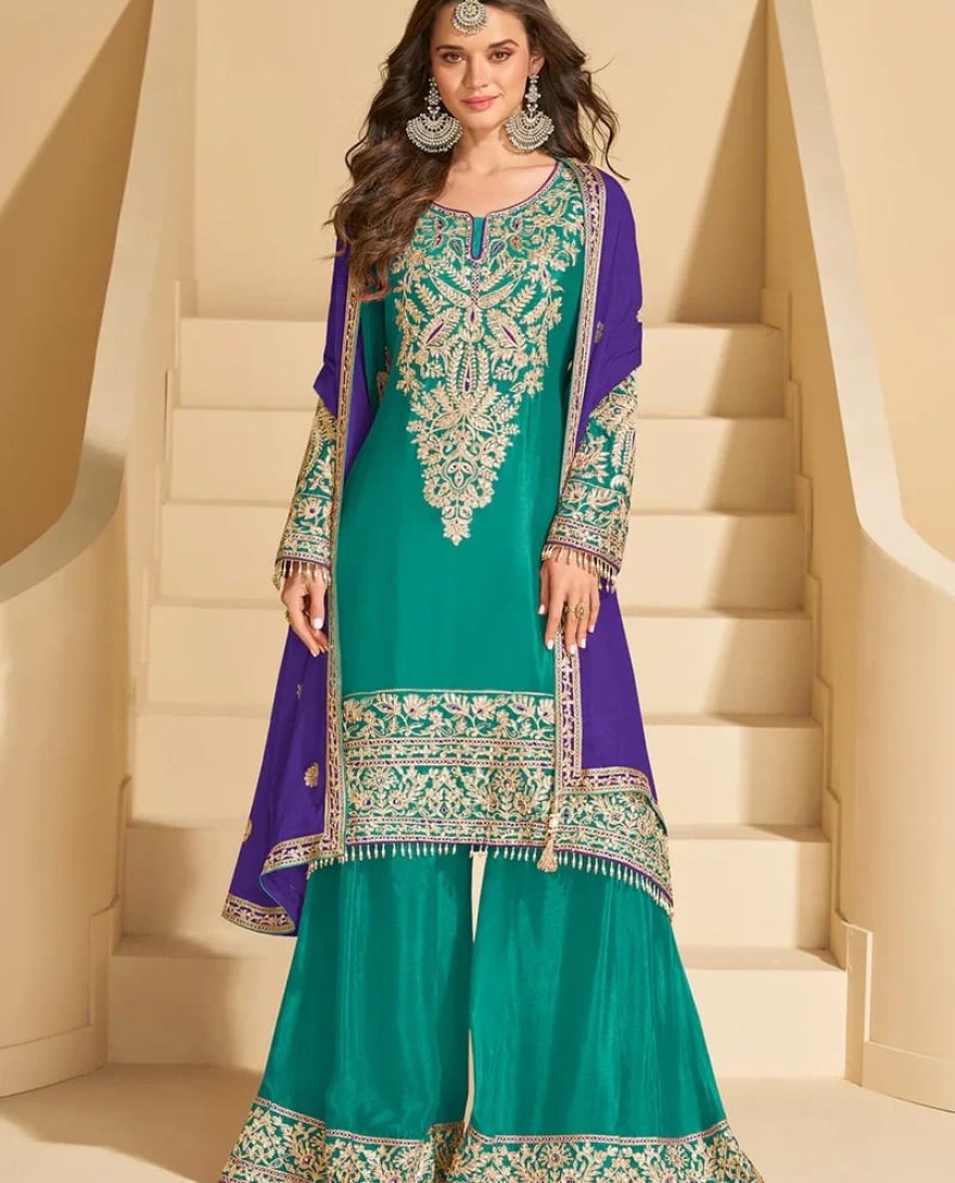 BLUE - Bottle Green Chinon Sharara Suit with Purple Dupatta For Pakistani Wedding