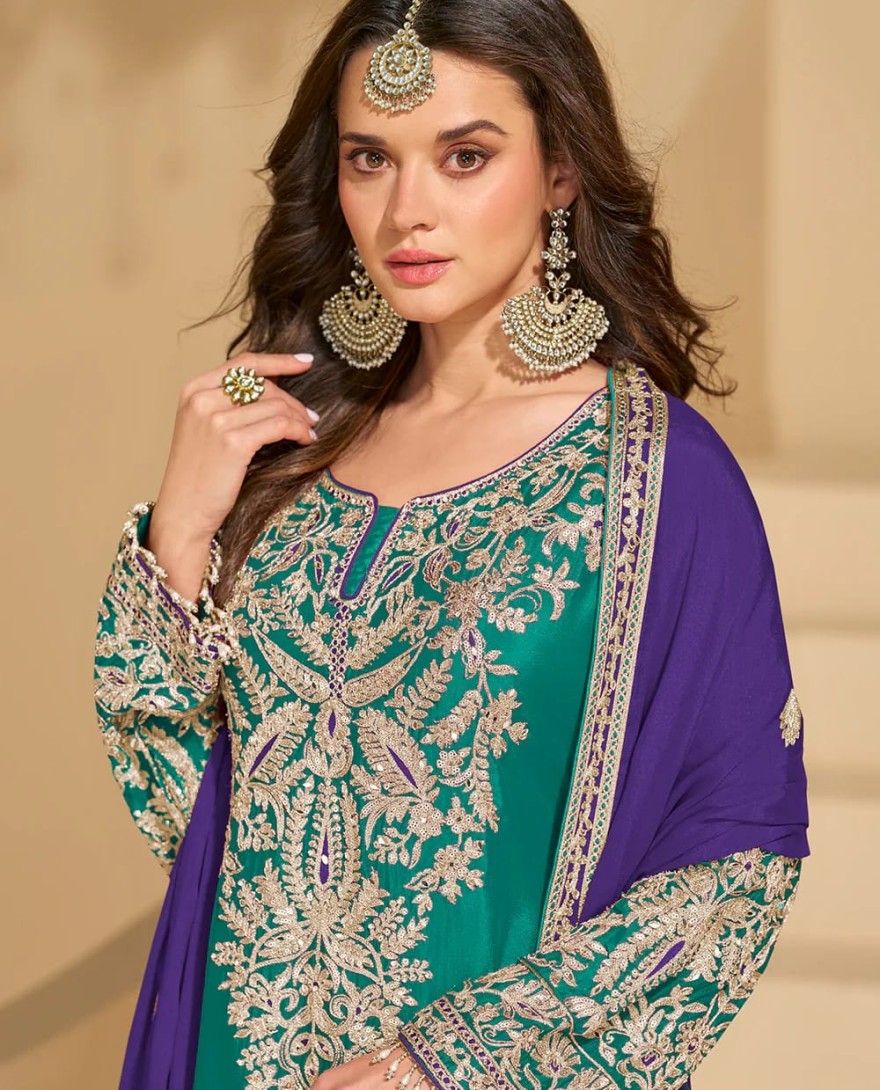 BLUE - Bottle Green Chinon Sharara Suit with Purple Dupatta For Pakistani Wedding