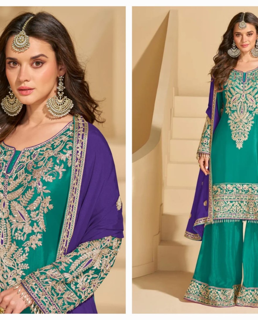 BLUE - Bottle Green Chinon Sharara Suit with Purple Dupatta For Pakistani Wedding