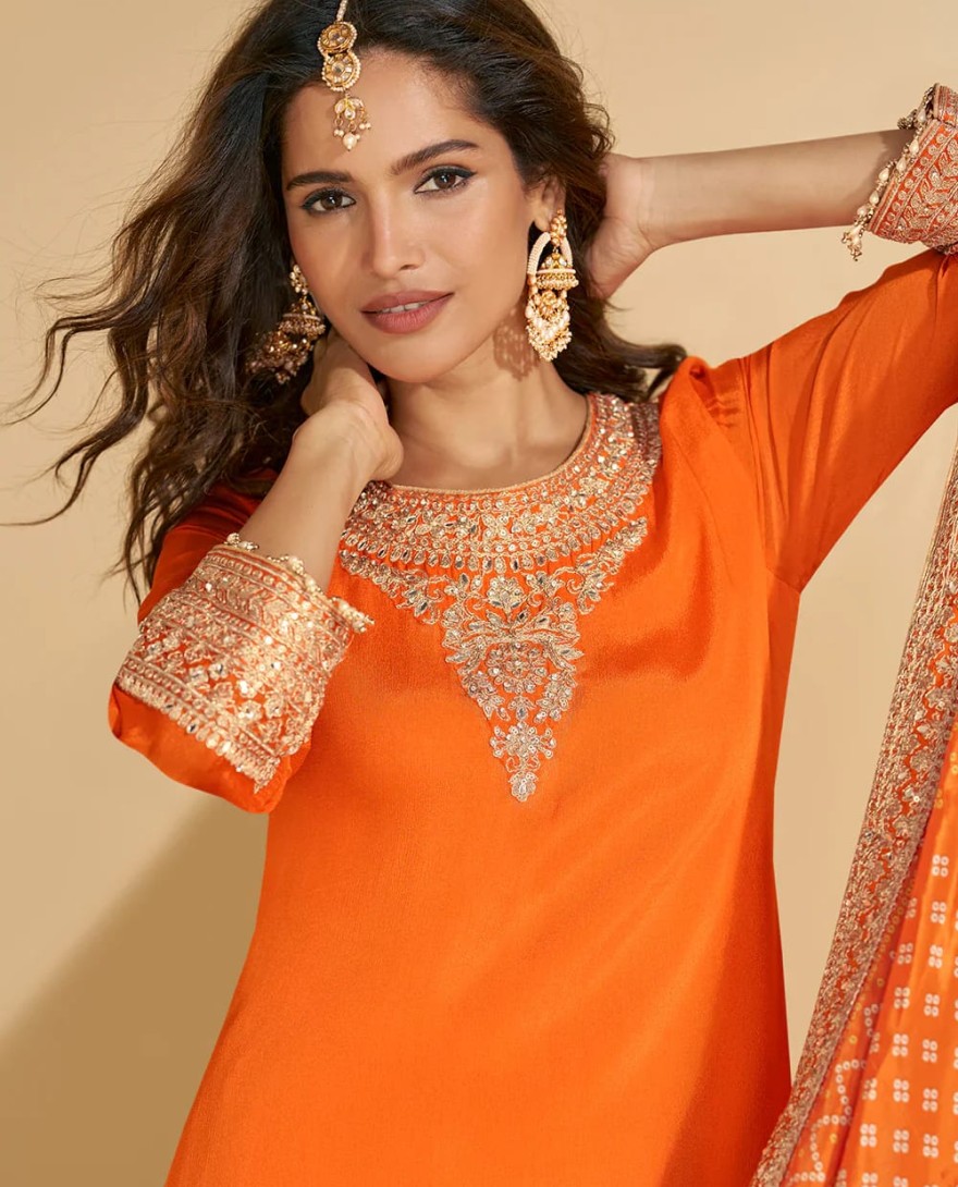 ORANGE - Orange Chinon Silk Sharara Suit With Dupatta For Indian Wedding
