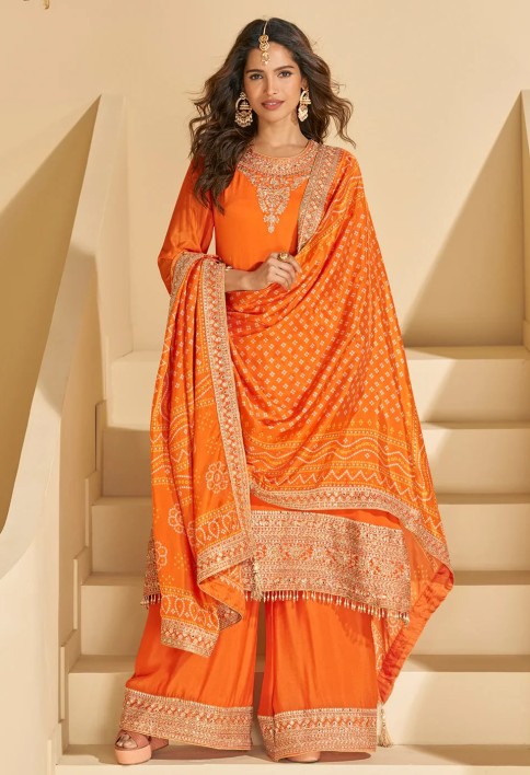 Orange Chinon Silk Sharara Suit With Dupatta For Indian Wedding