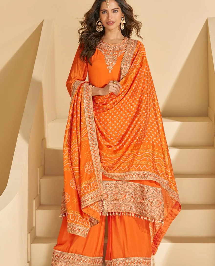 ORANGE - Orange Chinon Silk Sharara Suit With Dupatta For Indian Wedding