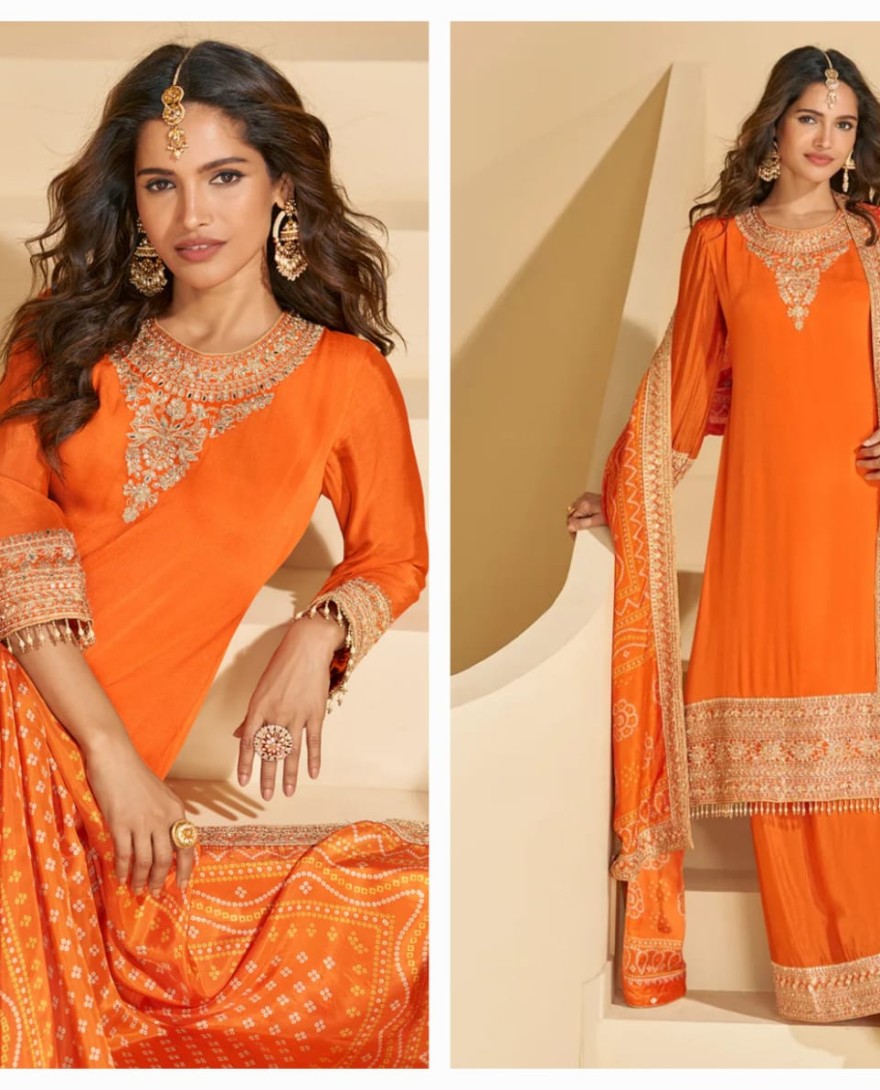 ORANGE - Orange Chinon Silk Sharara Suit With Dupatta For Indian Wedding