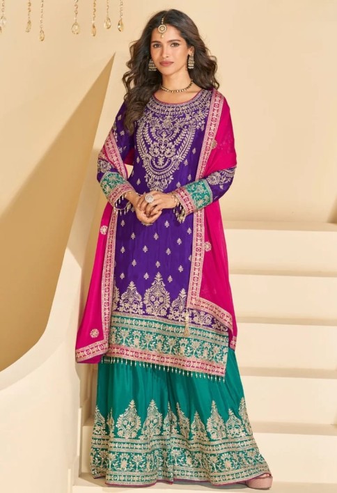 Purple and Teal Chinon Sharara Suit with Dupatta For Indian Wedding