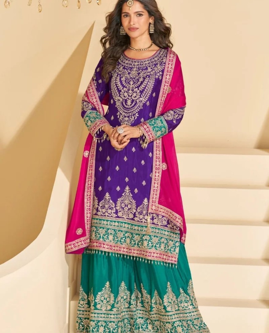PURPLE - Purple and Teal Chinon Sharara Suit with Dupatta For Indian Wedding