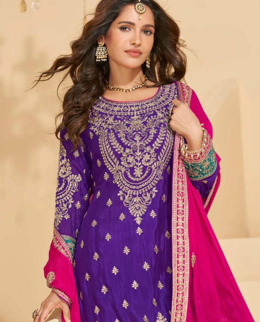 PURPLE - Purple and Teal Chinon Sharara Suit with Dupatta For Indian Wedding