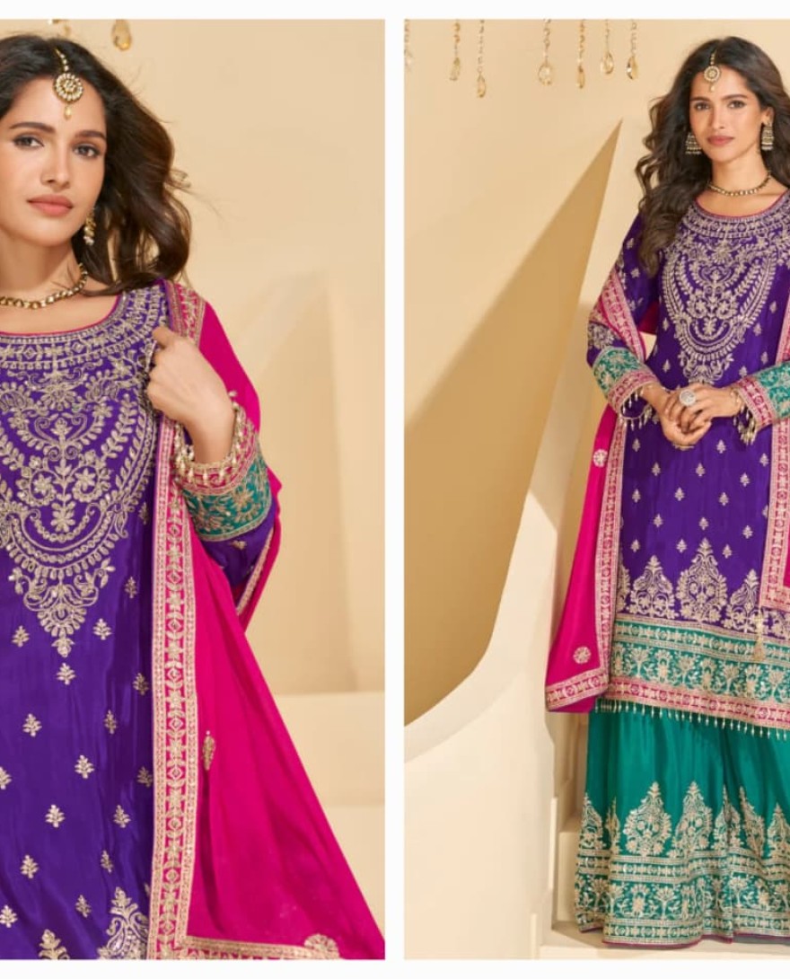PURPLE - Purple and Teal Chinon Sharara Suit with Dupatta For Indian Wedding