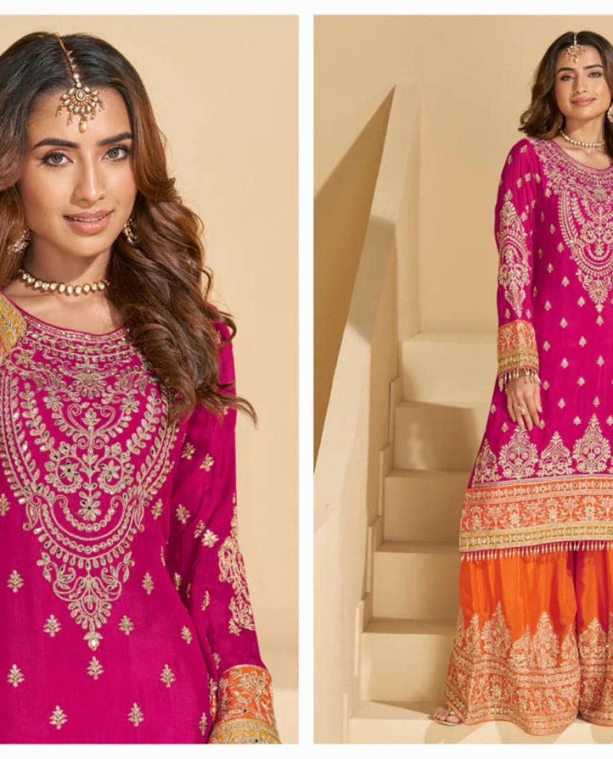 RANIPINK - Rani Pink Chinon Sharara with Orange Pants and Yellow Dupatta for Bridemaids