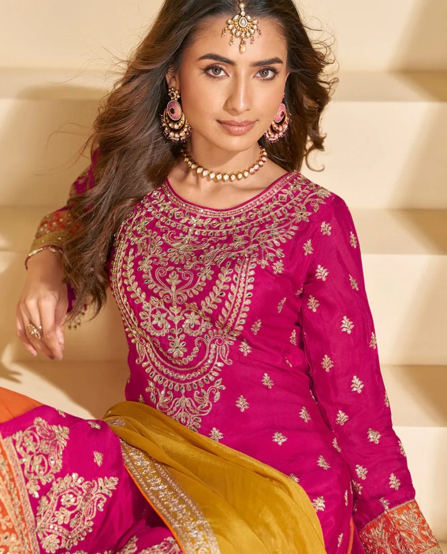 RANIPINK - Rani Pink Chinon Sharara with Orange Pants and Yellow Dupatta for Bridemaids