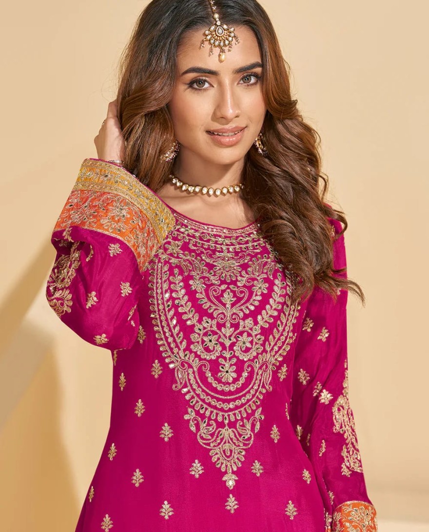 RANIPINK - Rani Pink Chinon Sharara with Orange Pants and Yellow Dupatta for Bridemaids