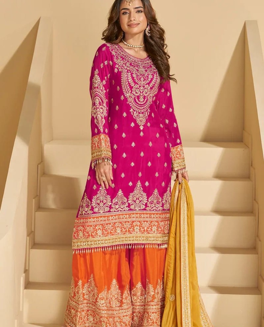 RANIPINK - Rani Pink Chinon Sharara with Orange Pants and Yellow Dupatta for Bridemaids