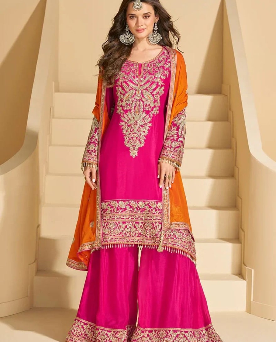 PINK - Rani Pink Chinon Silk Sharara Suit with Orange Dupatta For Indian Wedding and Pakistani Festival