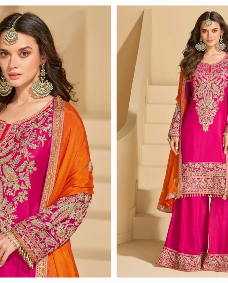 PINK - Rani Pink Chinon Silk Sharara Suit with Orange Dupatta For Indian Wedding and Pakistani Festival