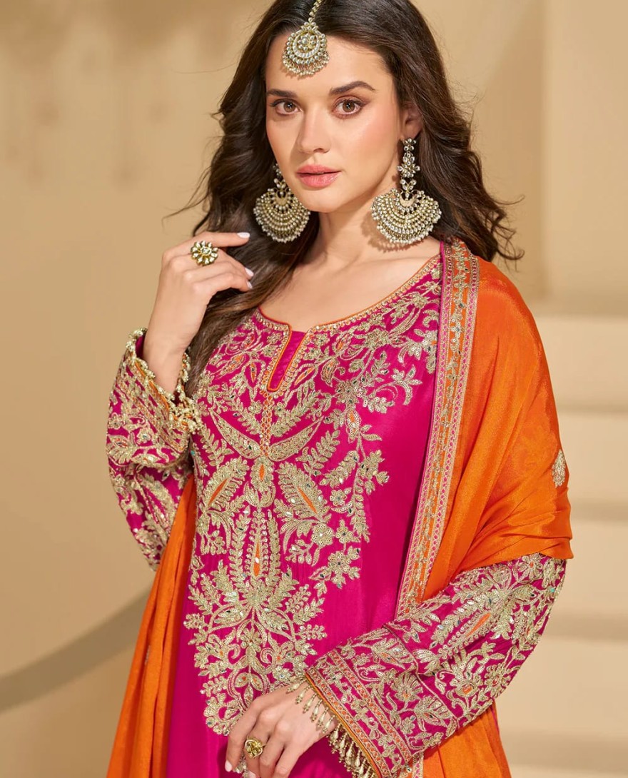 PINK - Rani Pink Chinon Silk Sharara Suit with Orange Dupatta For Indian Wedding and Pakistani Festival