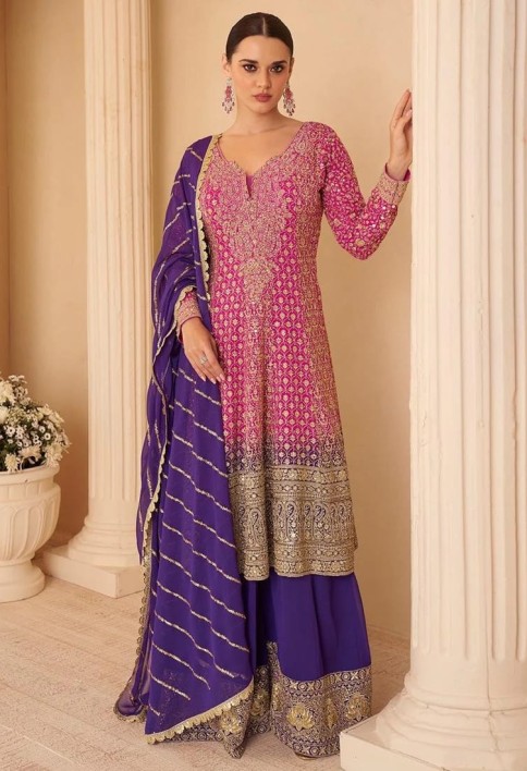 Designer Pink Purple Embroidered Georgette Sharara Suit