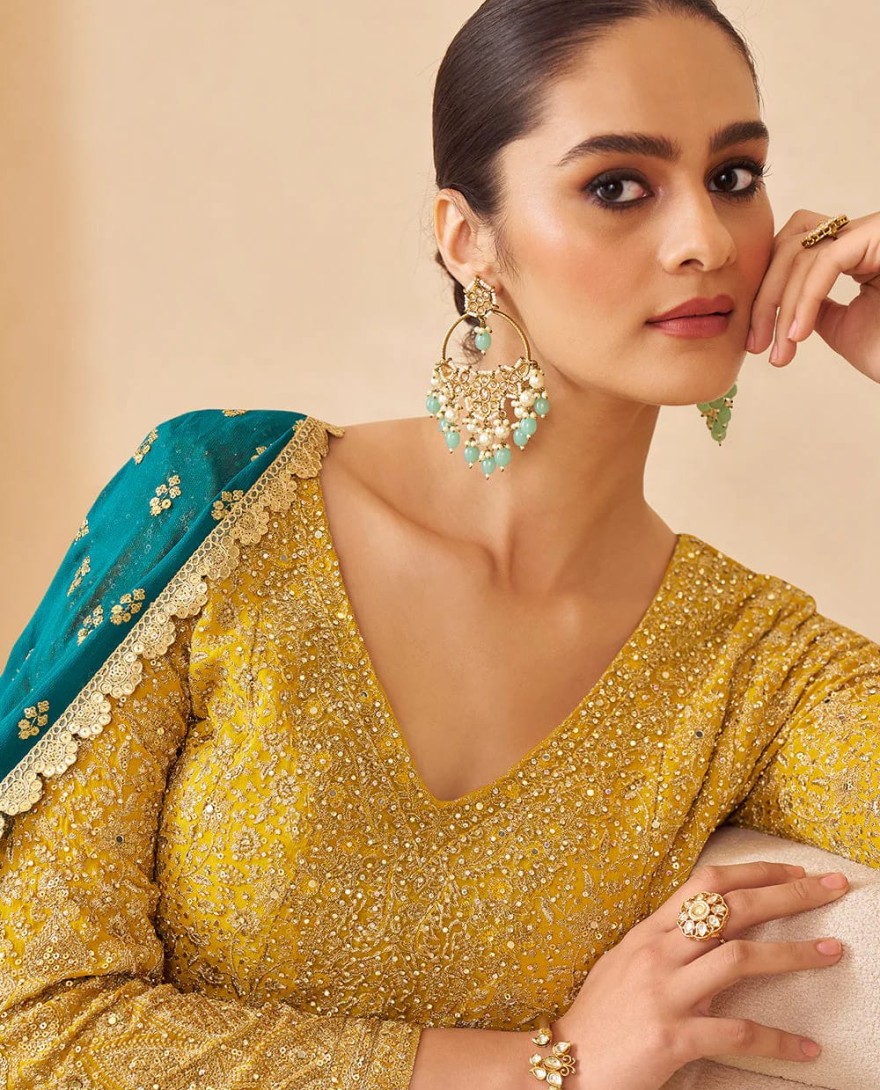 YELLOW - Designer Yellow Green Embroidered Georgette Sharara Suit