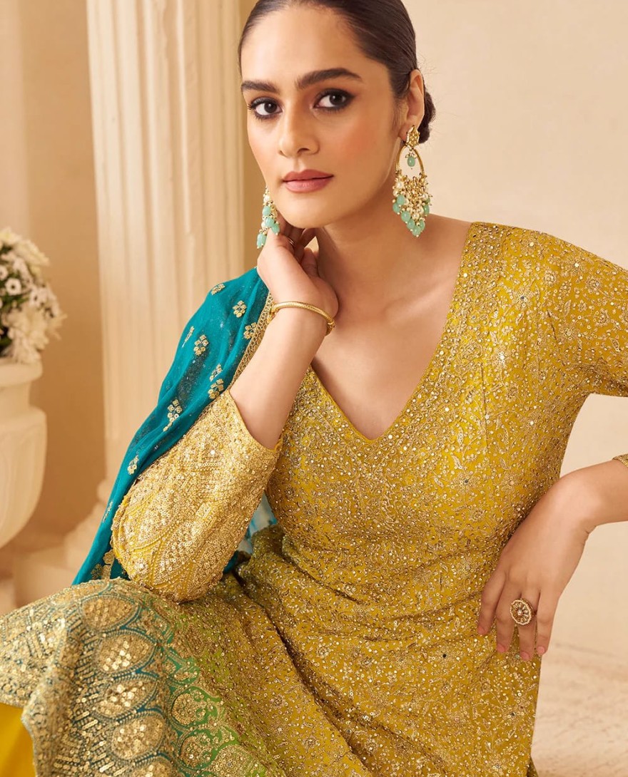 YELLOW - Designer Yellow Green Embroidered Georgette Sharara Suit
