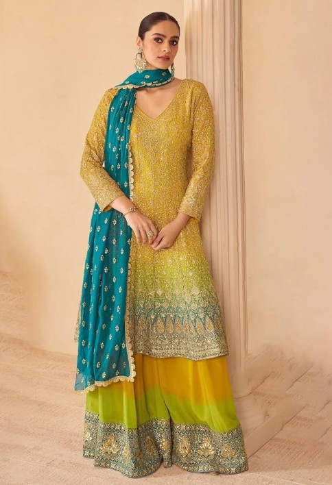 Designer Yellow Green Embroidered Georgette Sharara Suit