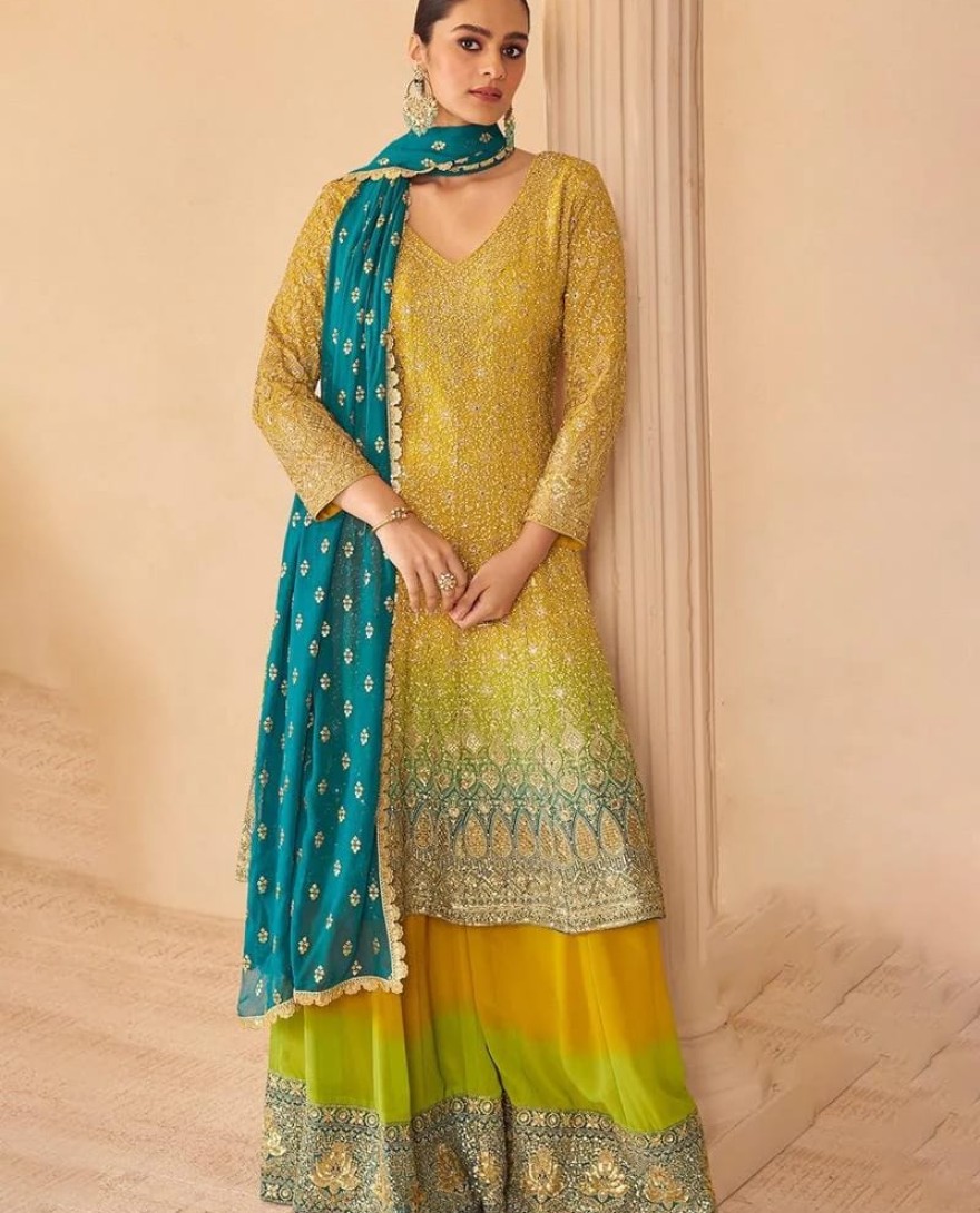 YELLOW - Designer Yellow Green Embroidered Georgette Sharara Suit