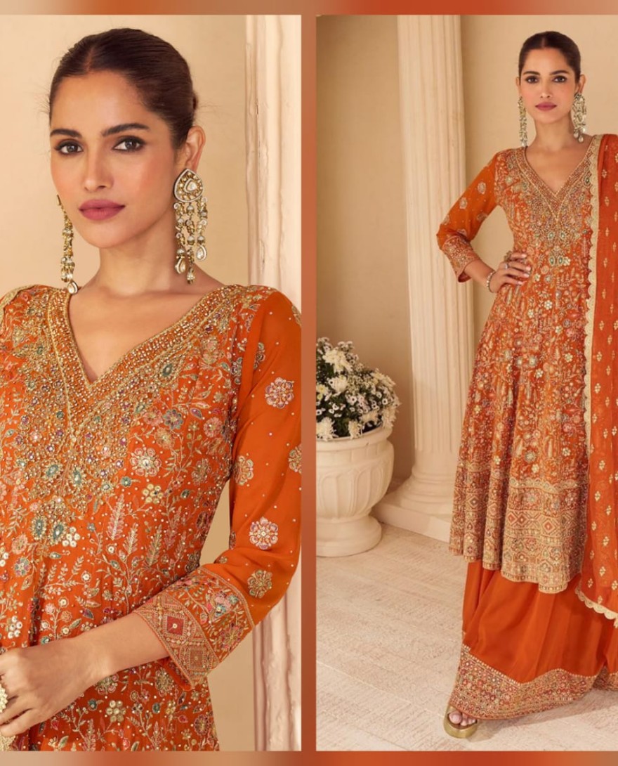 ORANGE - Designer Burnt Orange Embroidered Georgette Sharara Suit
