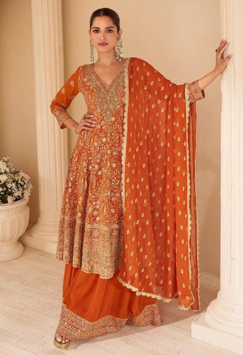 Designer Burnt Orange Embroidered Georgette Sharara Suit