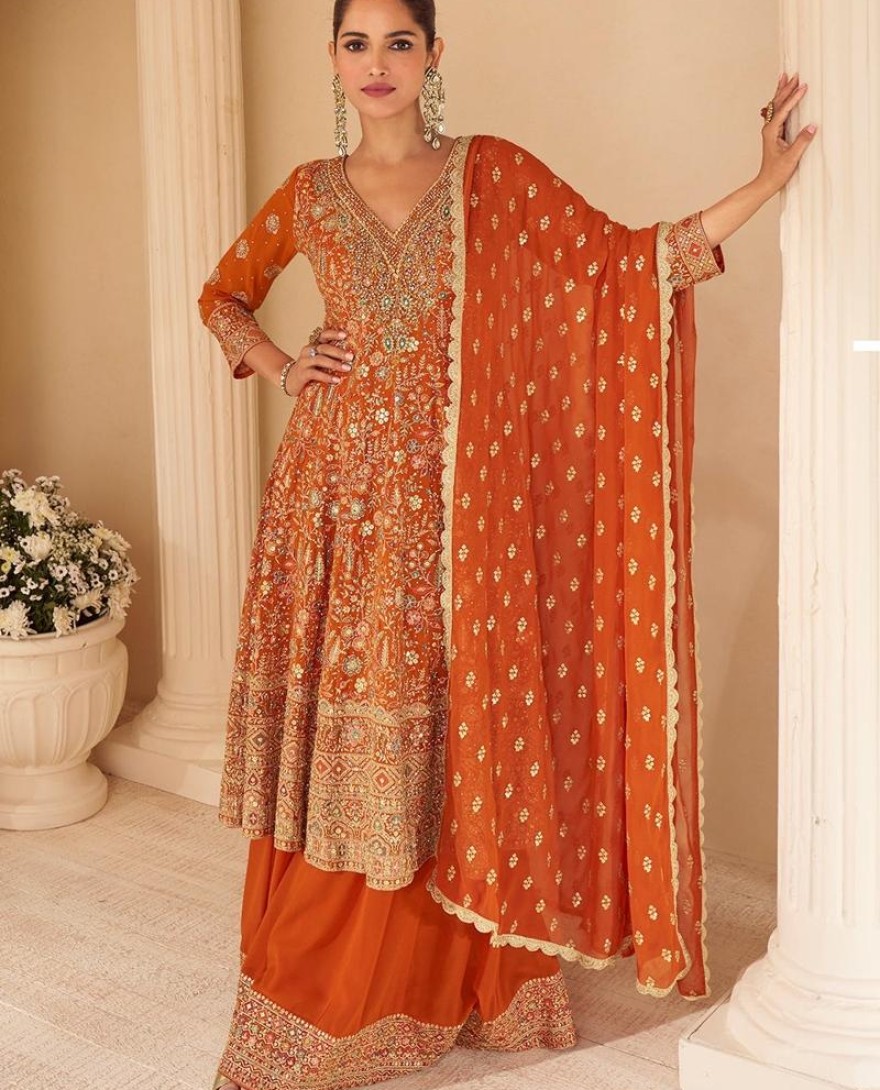 ORANGE - Designer Burnt Orange Embroidered Georgette Sharara Suit