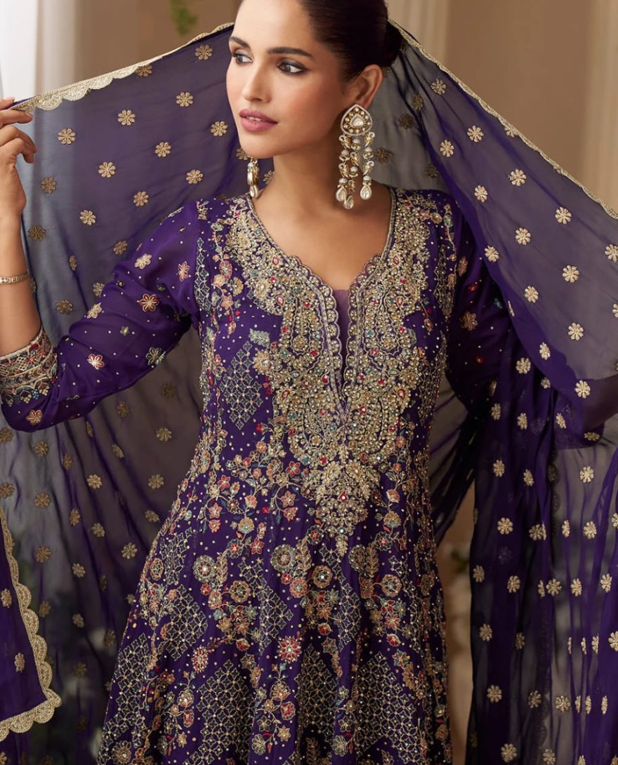 PURPLE - Designer Royal Purple Embroidered Georgette Sharara Suit