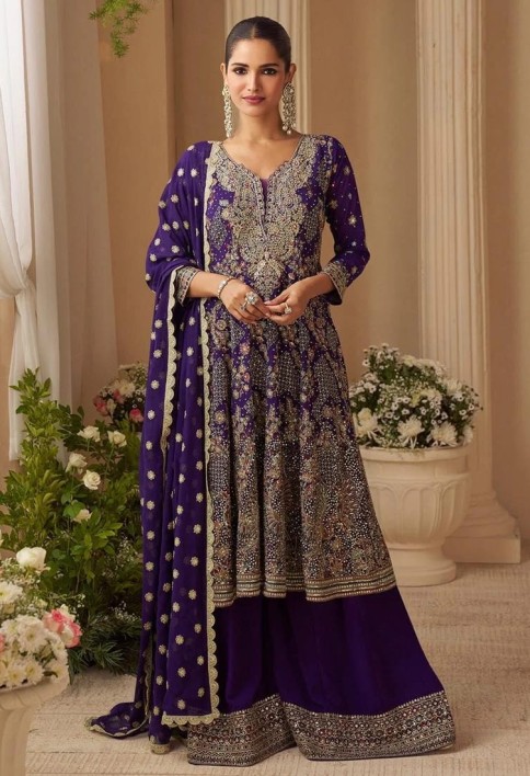 Designer Royal Purple Embroidered Georgette Sharara Suit