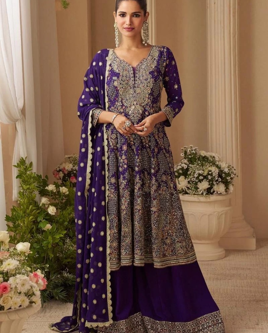 PURPLE - Designer Royal Purple Embroidered Georgette Sharara Suit