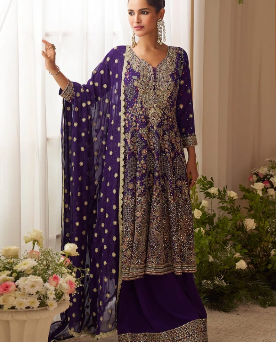 PURPLE - Designer Royal Purple Embroidered Georgette Sharara Suit