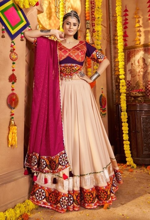 Amazing Beige Viscose Rayon Embroidered Navratri Wear Lehenga Choli