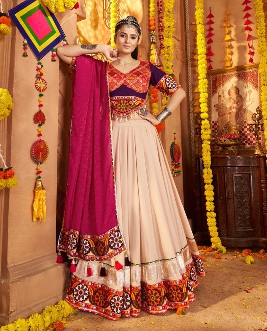 11001 - Amazing Beige Viscose Rayon Embroidered Navratri Wear Lehenga Choli