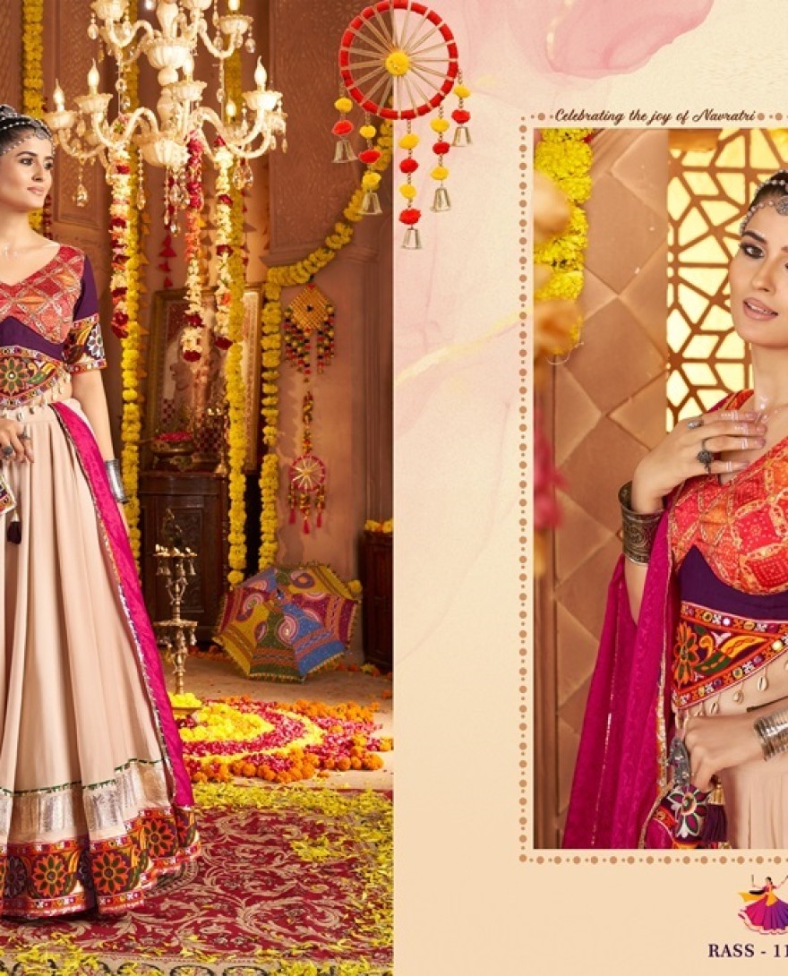 11001 - Amazing Beige Viscose Rayon Embroidered Navratri Wear Lehenga Choli