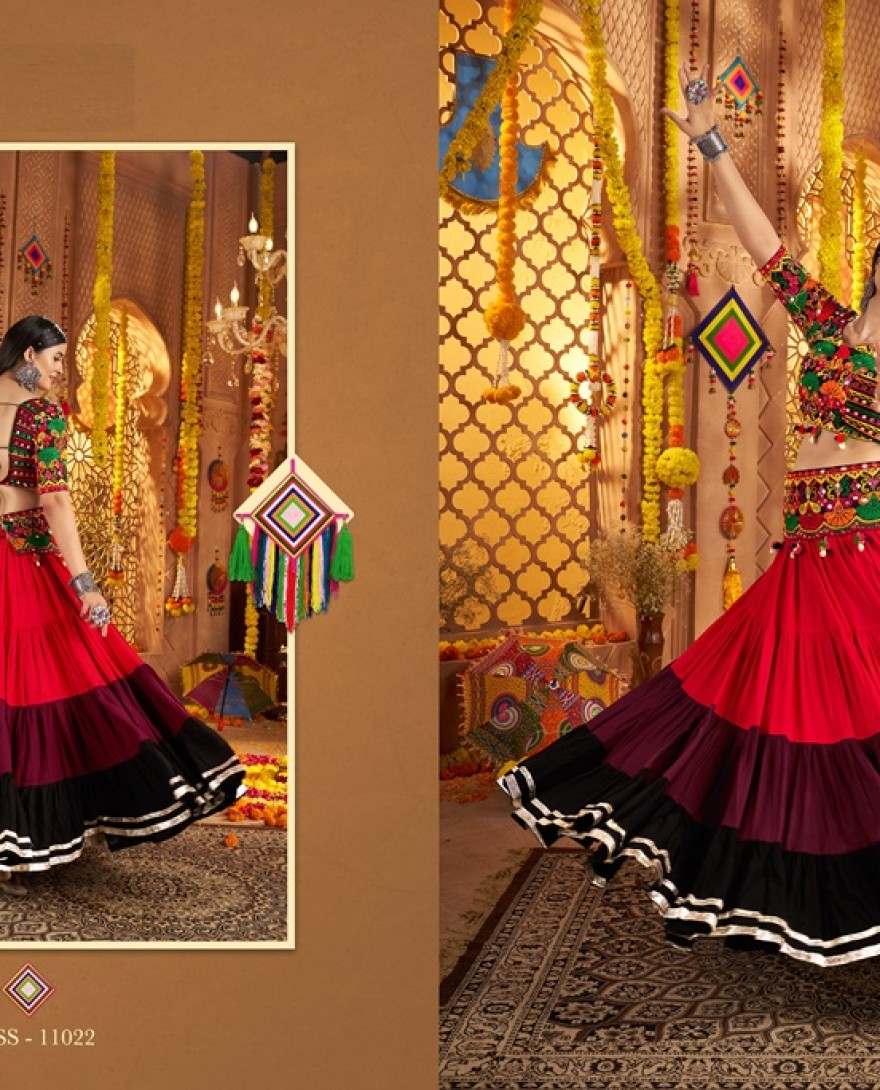 11022 - Delicate Red Mirror Work Navratri Wear Lehenga Choli With Dupatta